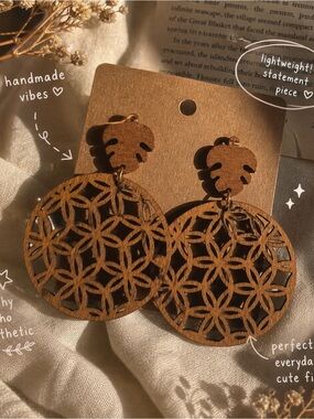 Hand Crafted Wooden Filigree Circle Drop Earrings - Brown